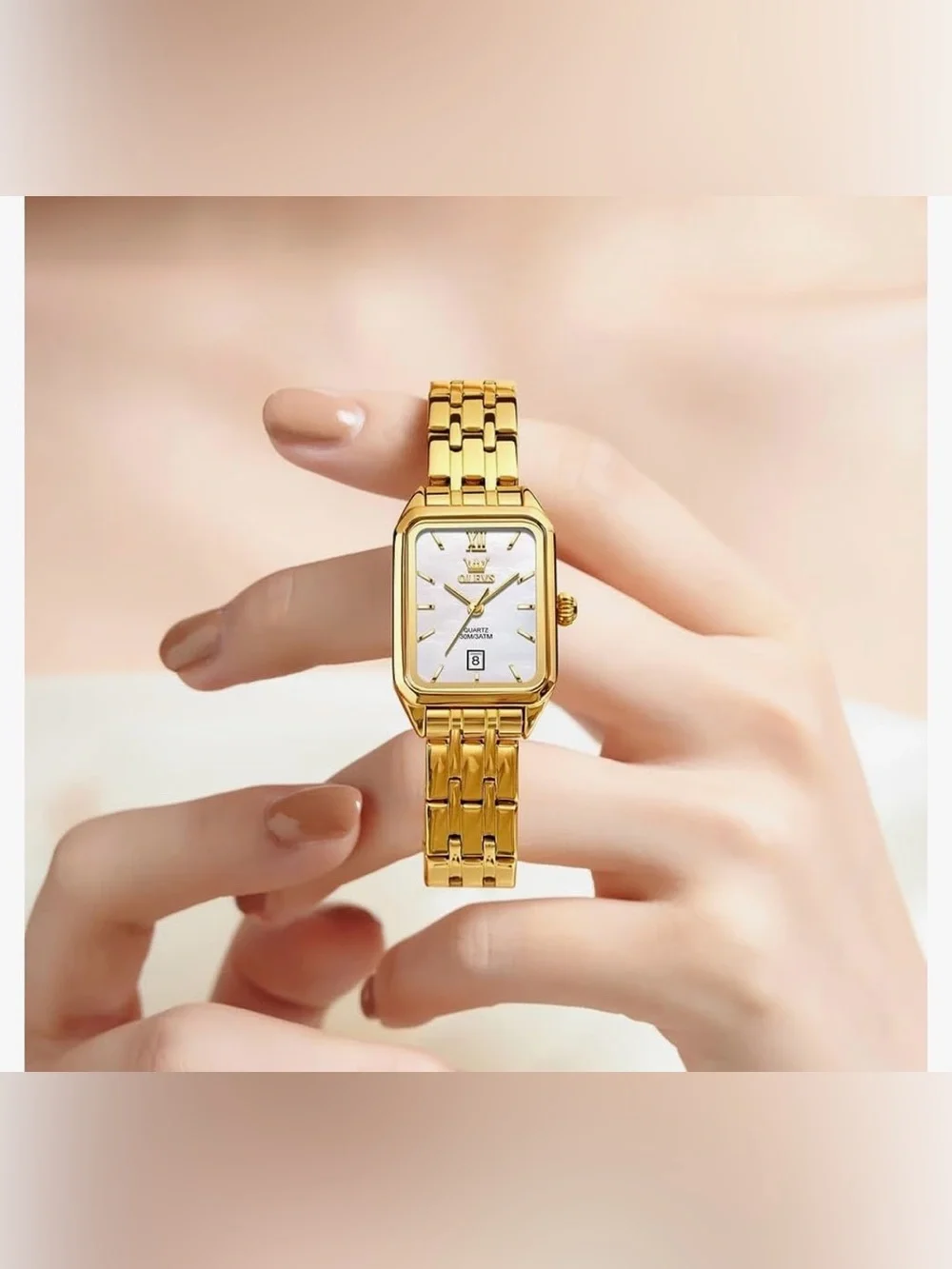 OLEVS Women Gold Rectangular Quartz Watch Mother of Pearl Dial Date Display NWT